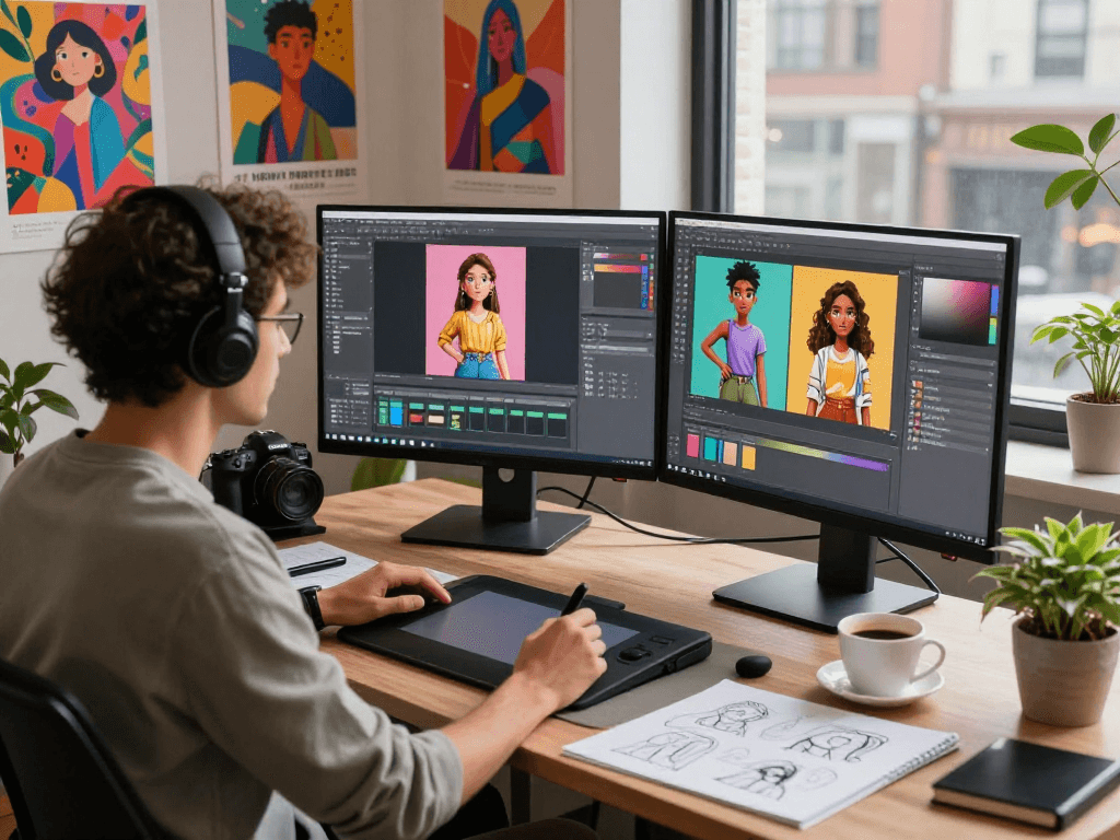 Creative professional using NSFW AI tools in a vibrant digital studio, showcasing design processes and concepts.