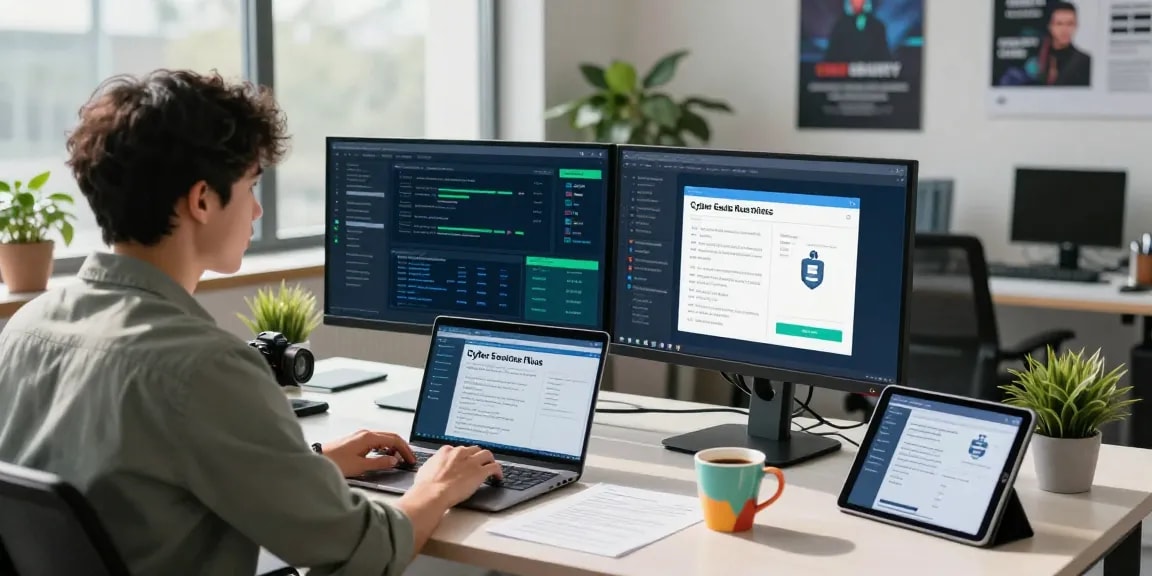 Cyber Essentials Plus compliance at a modern cybersecurity workspace with dual monitors and certification documents