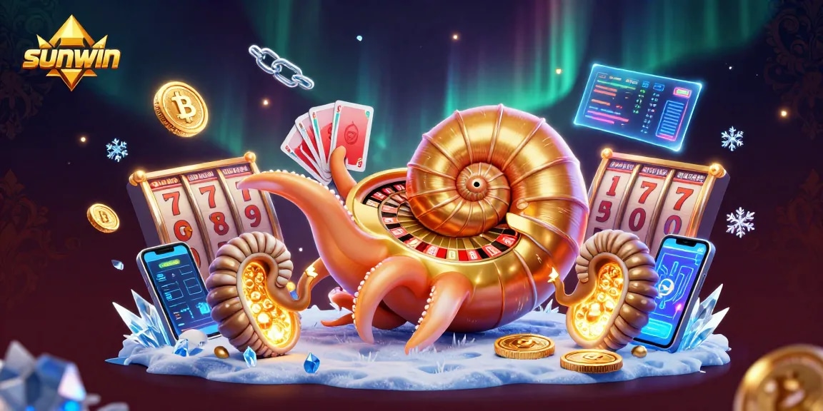 Engage in exciting gameplay with Sunwin, showcasing a vibrant casino scene featuring crypto elements and characters.