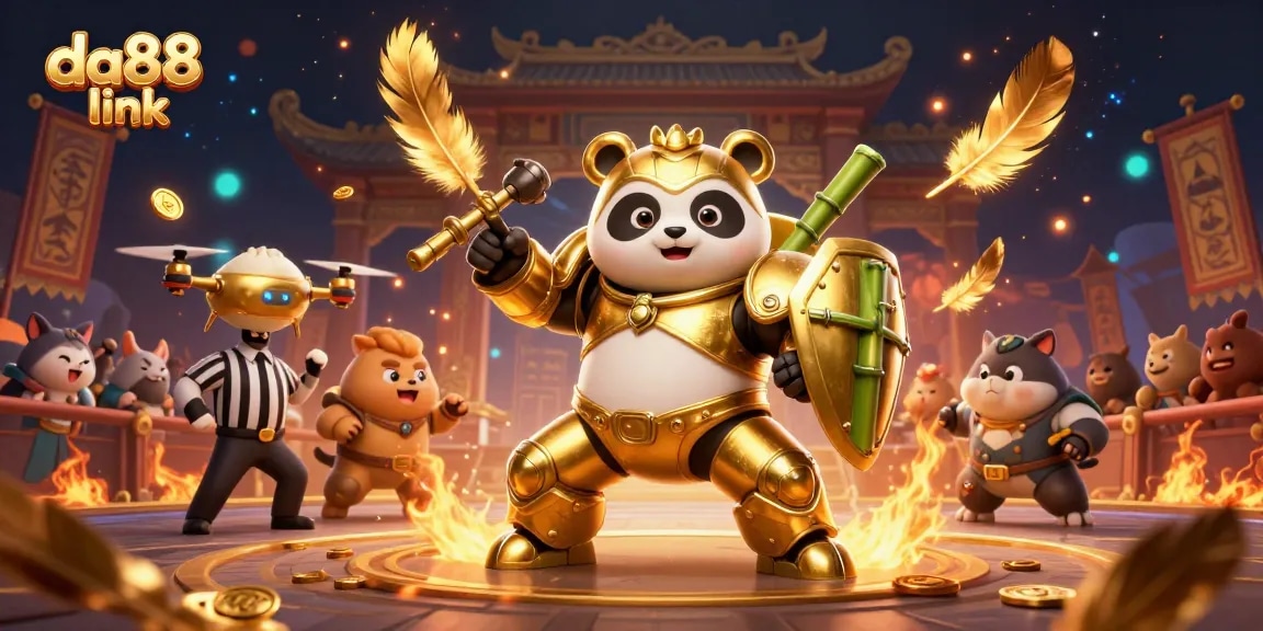 Engage with the da88 link in this vibrant arcade scene featuring a mech-suit panda and dynamic gambling elements.