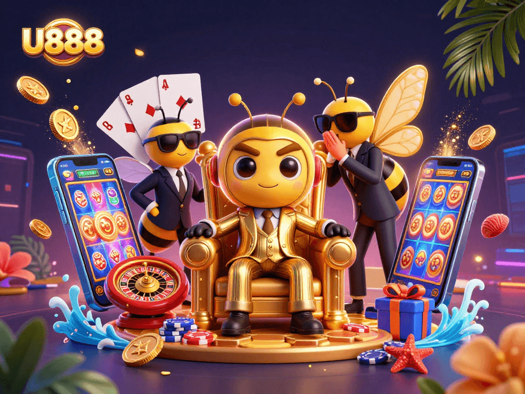 Experience U888's vibrant slot games with a captivating bee mob boss scene in a dynamic casino setting.