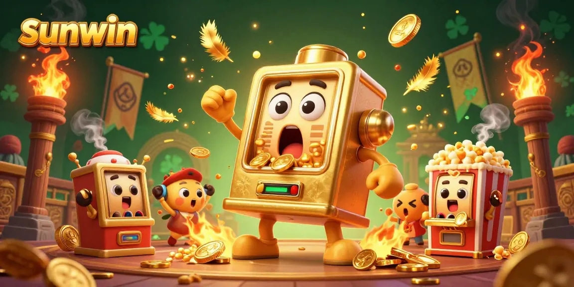 Watch sunwin's exciting golden slot machine hit the jackpot amidst cheering machines and dynamic casino elements.