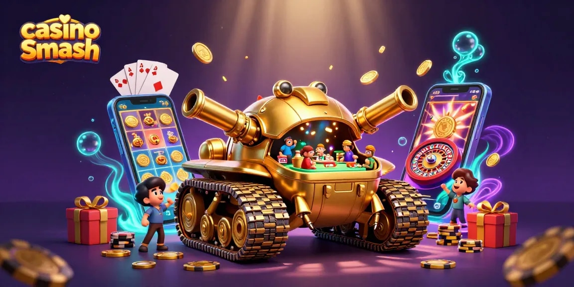 Experience thrilling gaming action at casino Smash with a vibrant 3D illustration of golden tank-gaming fusion.