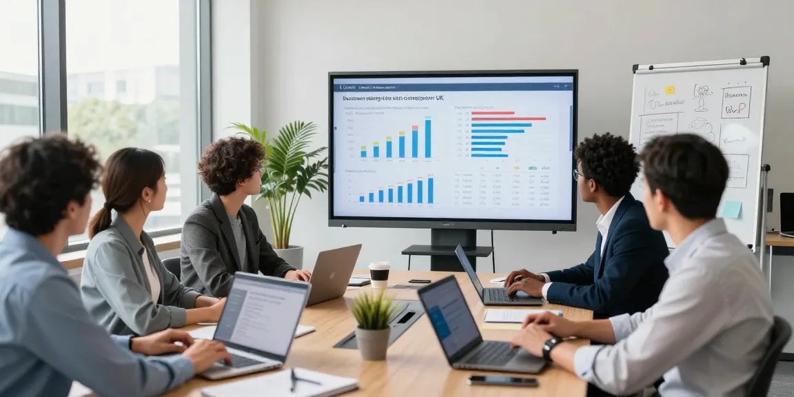 Team discussing business mobile comparison UK in a modern office setting, with data displays and collaboration tools visible.