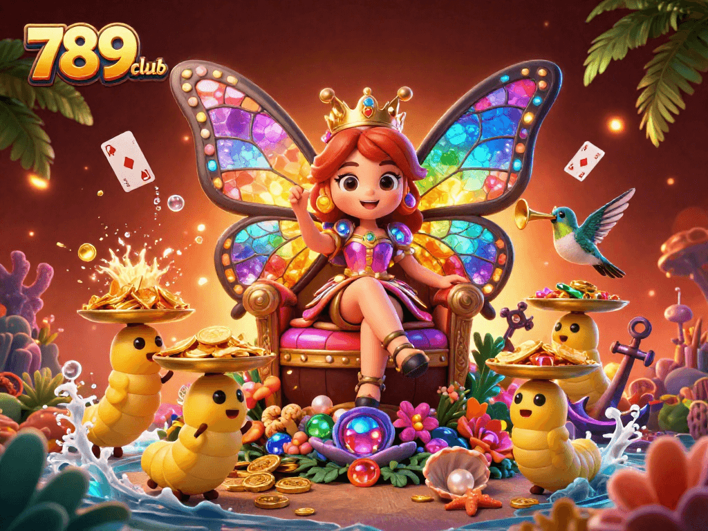 Experience the excitement of 789club with an enchanting 3D illustration of a butterfly queen surrounded by vibrant gaming elements.
