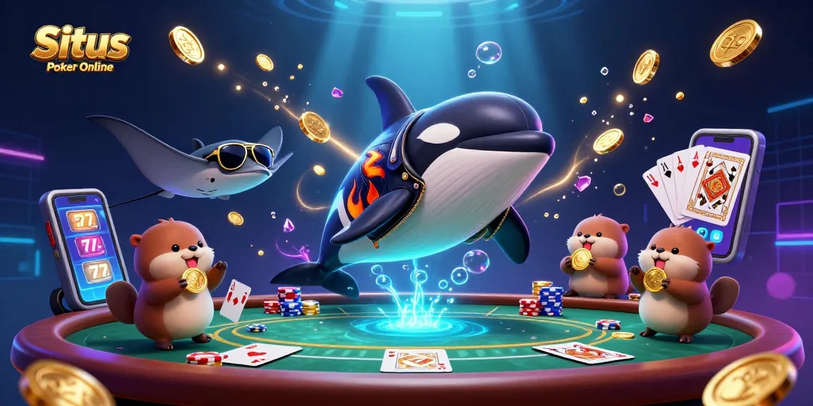 Situs Poker Online players enjoying a vibrant poker scene with engaging characters and dynamic elements.