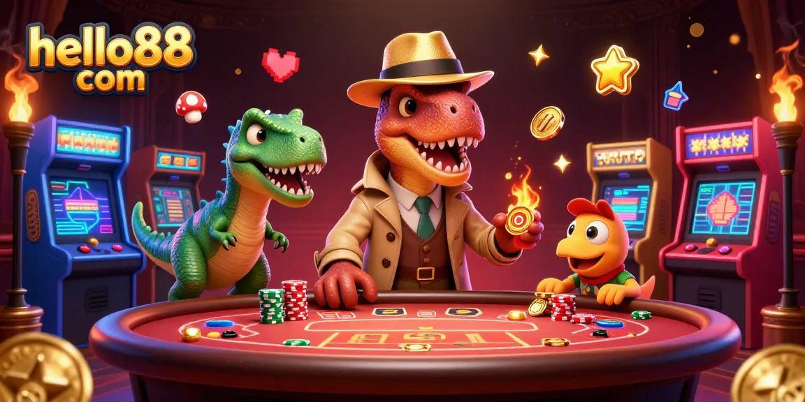 Sneak into hello88 com's gaming scene with a clever velociraptor card counter, amidst vibrant casino decor.