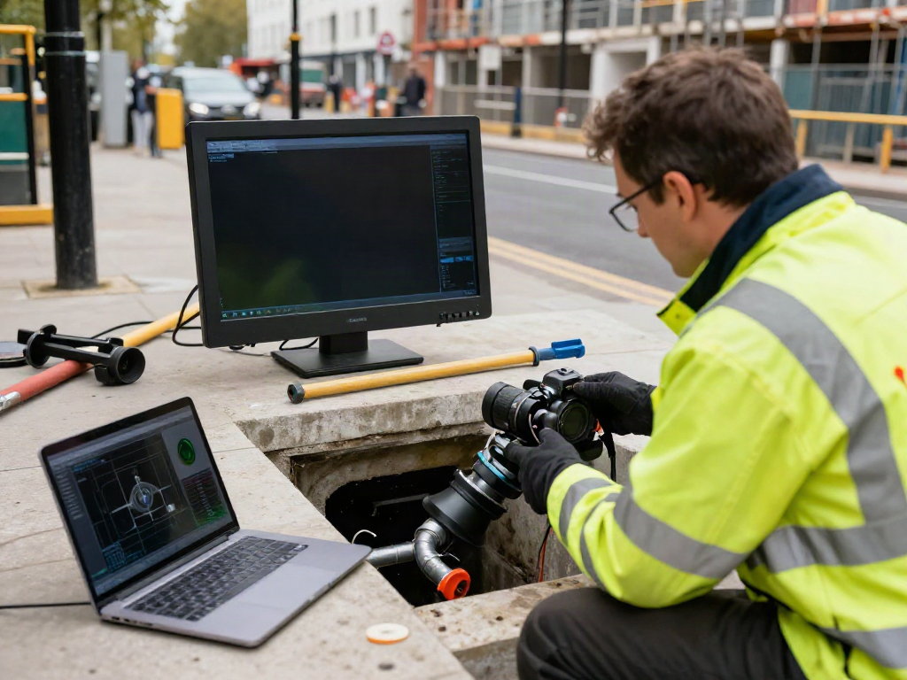 Drainage Surveyors London examining pipes with CCTV technology and digital monitor.
