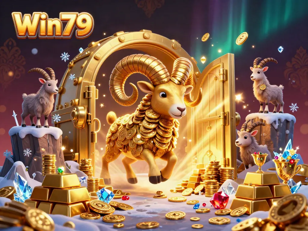 Win79 presents a vibrant illustration of a golden ram charging through a treasure vault, embodying excitement in online gaming.
