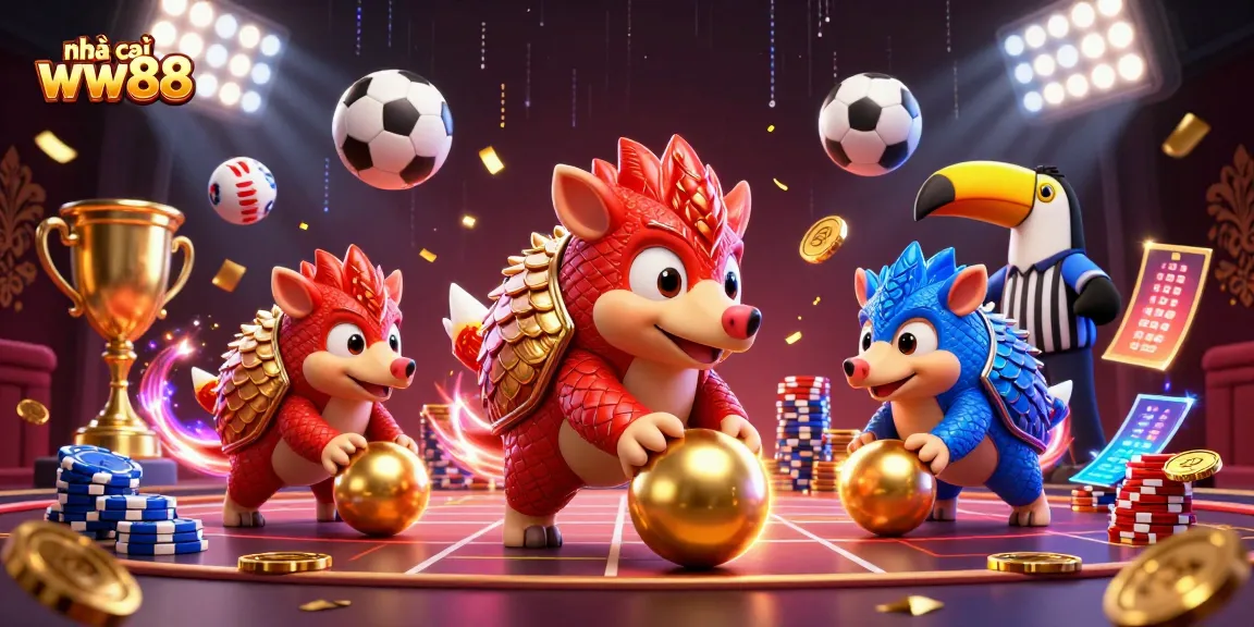 Engage with nhà cái ww88's vibrant casino scene featuring cartoon pangolins and exciting game elements.