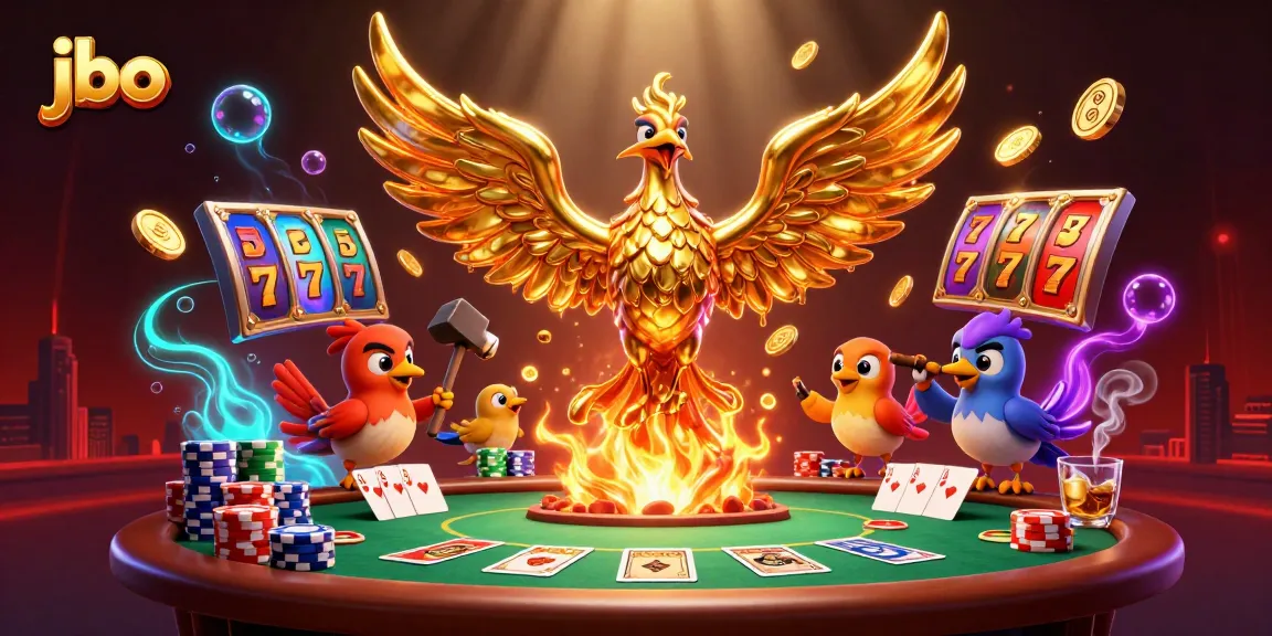 Enjoy exciting gaming moments with jbo as golden phoenix and poker elements shine in a vibrant casino scene.