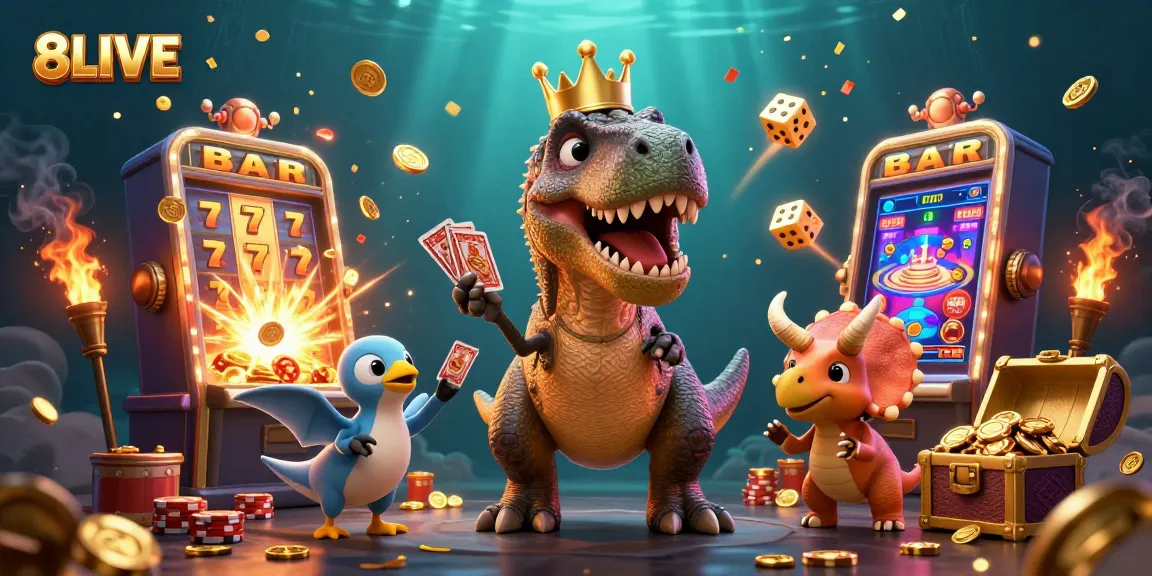 Experience the vibrant world of 8LIVE with friendly dinosaurs playing cards and exciting jackpot elements.