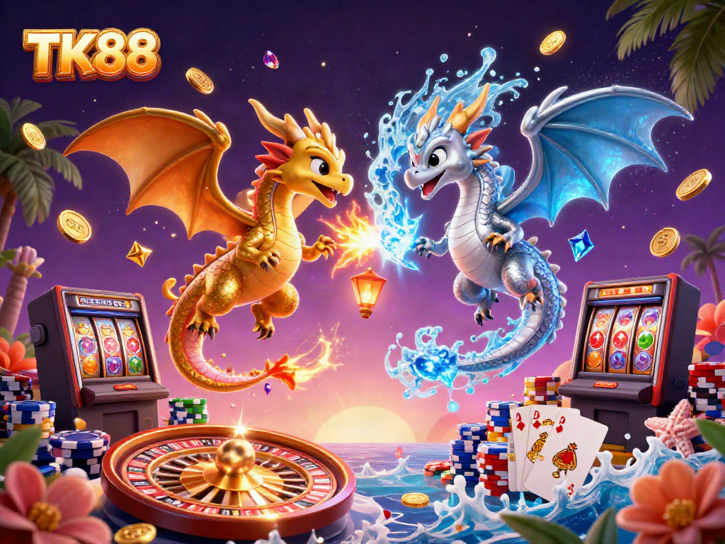 Engage with TK88's thrilling gaming universe featuring vibrant dragons in an extraordinary casino scene.