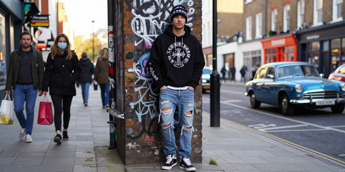Model wearing Chrome Hearts hoodie in vibrant London street, showcasing urban fashion and unique style.