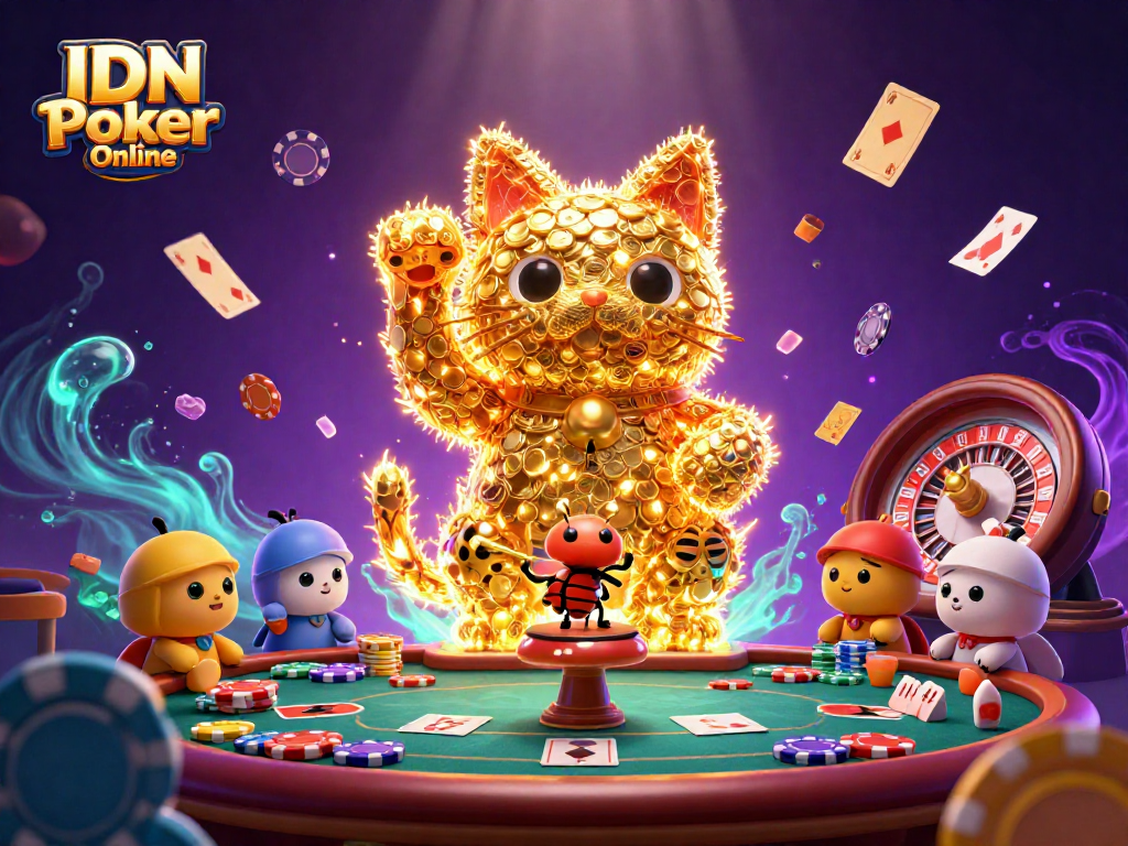 Engaging scene with IDN Poker Online elements featuring a lucky cat made of glowing fireflies amidst poker symbols.