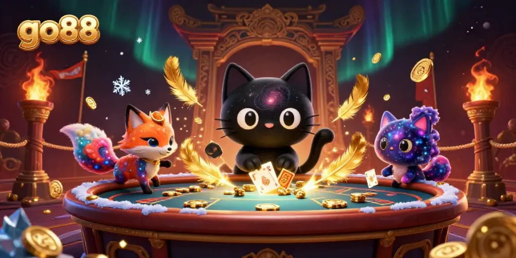 Engage with the cosmic appeal of go88 at a vibrant casino table, featuring 3D characters in a rich atmosphere.