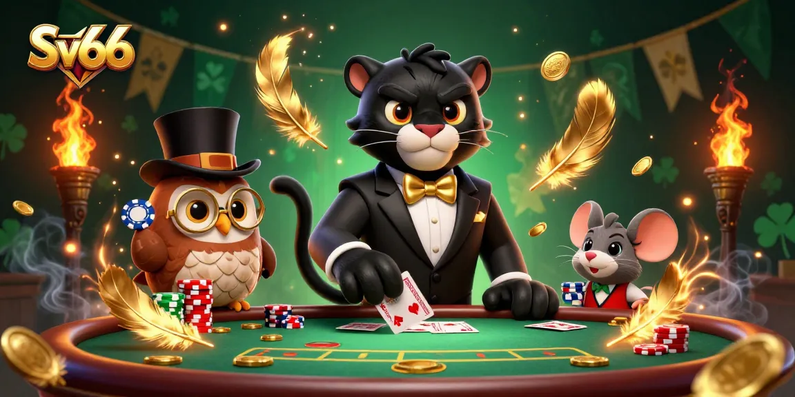 Engage in thrilling poker games at Sv66 with this vibrant illustration featuring a stylish black panther dealer.