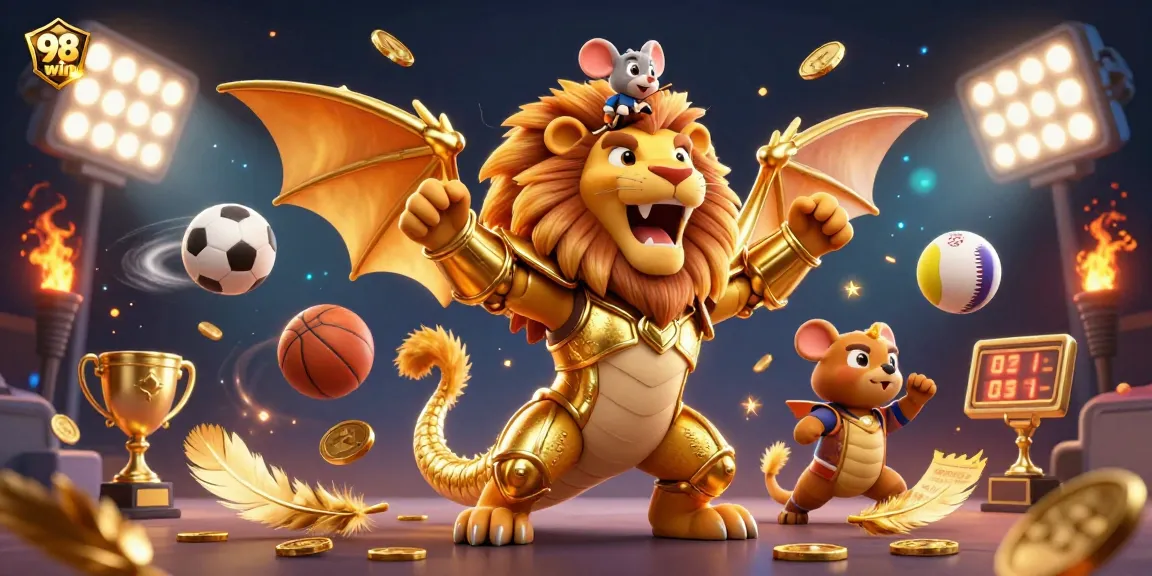 Experience exciting 98 win gameplay with a golden chimera creature and dynamic sports elements in a captivating casino scene.