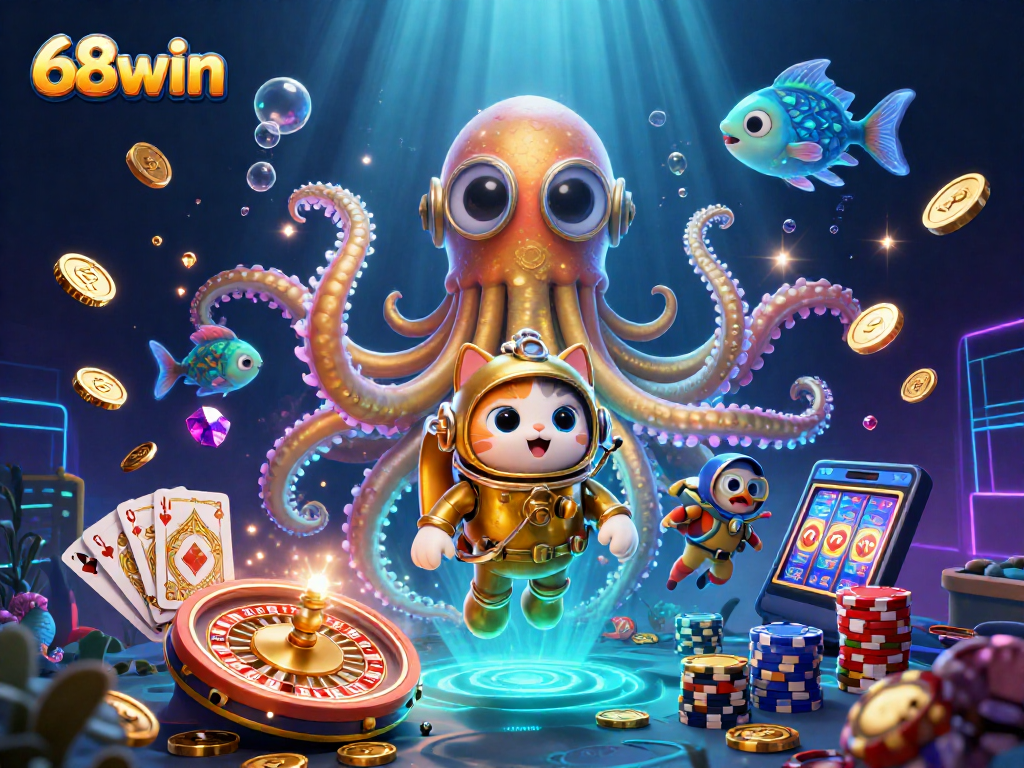 Experience the thrill of 68win with vibrant casino elements and characters in an energetic 3D scene.