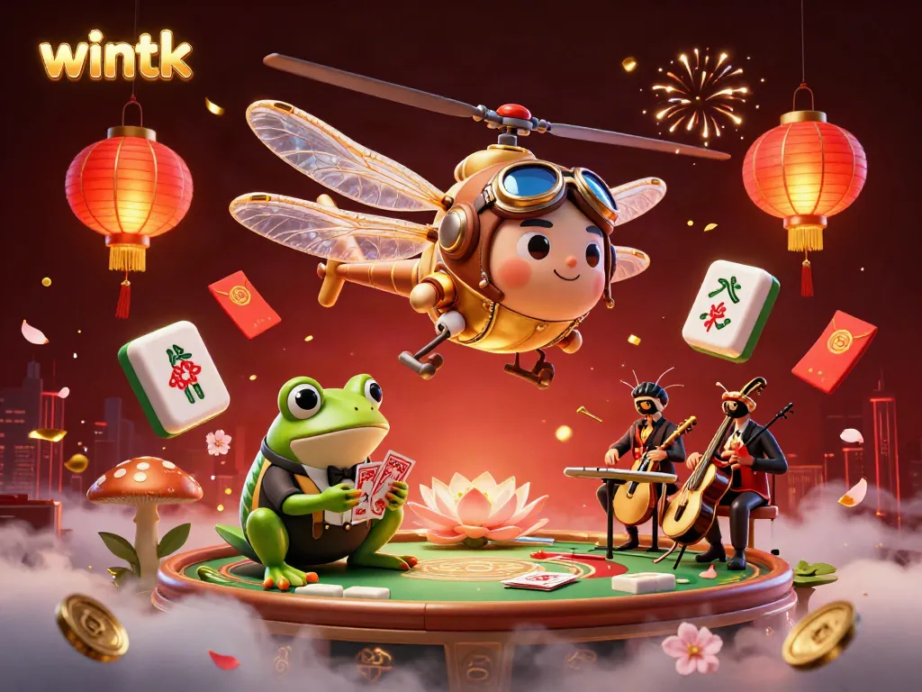 Witness thrilling gameplay from wintk with a dragonfly pilot, frog croupier, and jazz musicians in a vibrant casino scene.