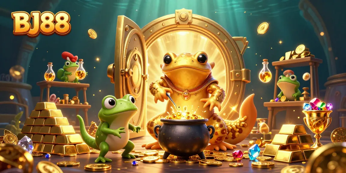 Experience the magic of BJ88 as golden coins erupt in an enchanting casino scene.