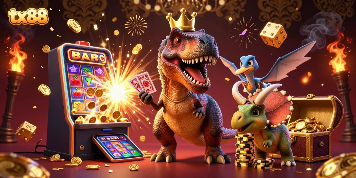 Experience the excitement of tx88 with a lively slot-themed 3D illustration featuring a T-Rex, cards, and golden chips.