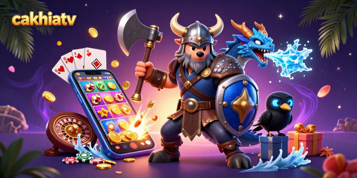 CakhiaTV showcases a dynamic 3D illustration of a Viking wolf warrior and a fierce dragon amidst gambling excitement, featuring slot games and golden coins.