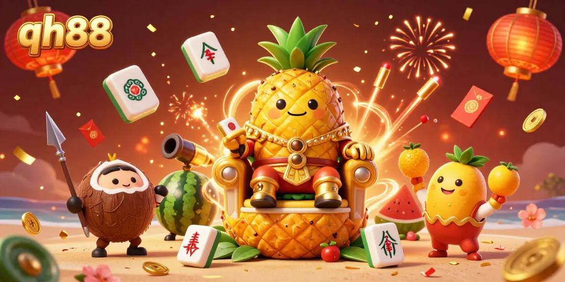 Experience the lively atmosphere of qh88 with a cartoon golden pineapple king and friends celebrating at the beach casino.