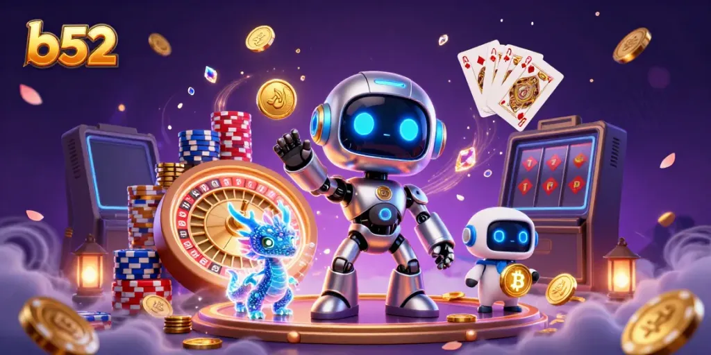 Engage in thrilling gameplay with b52 casino's dynamic character scene, featuring a cyberpunk robot and holographic dragon.