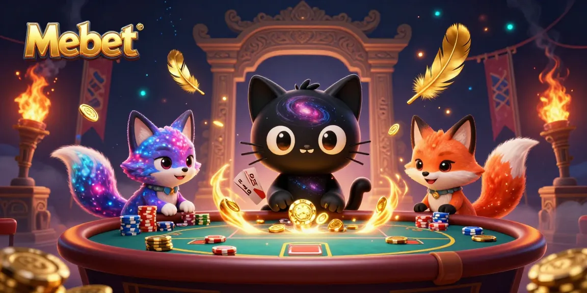 Mebet high-energy casino scene with a cosmic cat, vibrant poker elements, and colorful effects