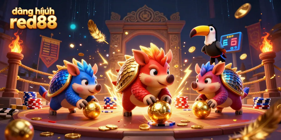 Join the action with đăng nhập red88 as rival pangolins playfully bowl through poker chips in a vibrant casino scene.