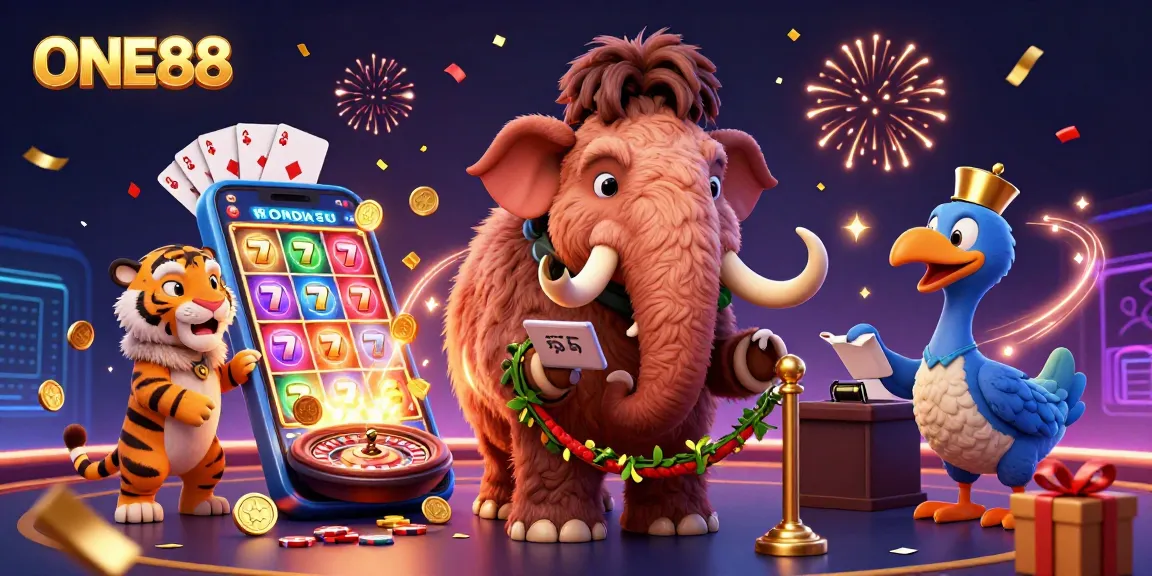 ONE88 showcases a vibrant casino scene with a woolly mammoth, saber-tooth tiger, and dodo bird amidst exciting slot games.