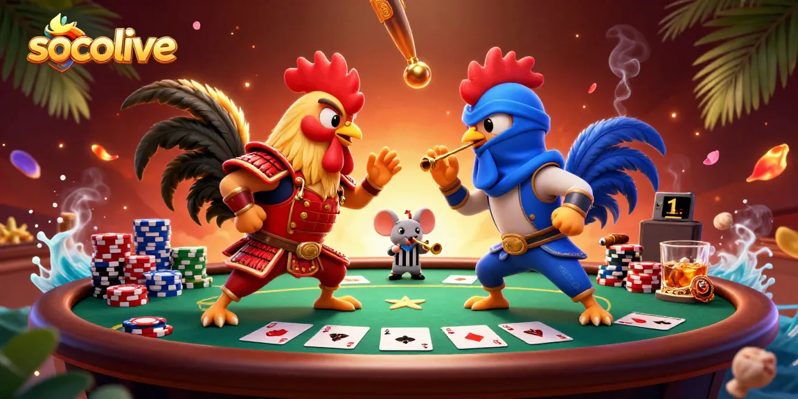 Engage with the thrilling action of socolive featuring twin roosters in combat amid dynamic poker elements.