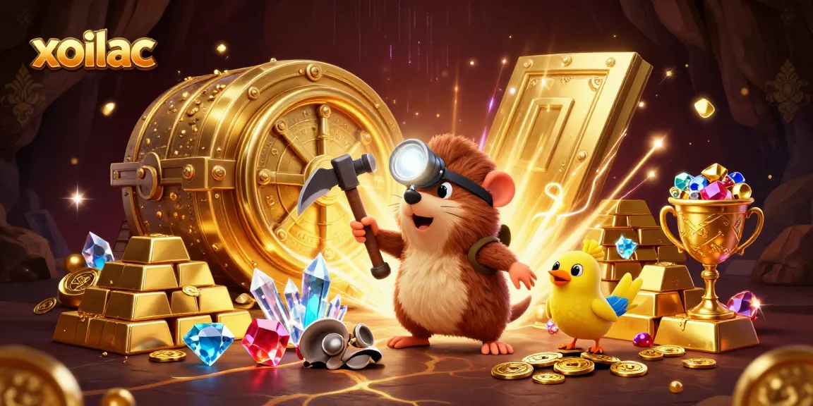 Xoilac treasure scene showcasing a 3D mole miner with golden gems and rich treasures.