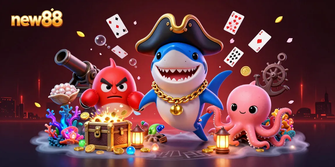 Explore the excitement of new88 with a vibrant, underwater gambling illustration featuring dynamic characters.