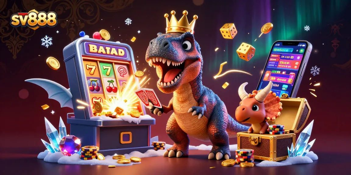 Engage with sv888's thrilling gameplay as T-Rex, Pterodactyl, and Triceratops delight in a vibrant casino scene.