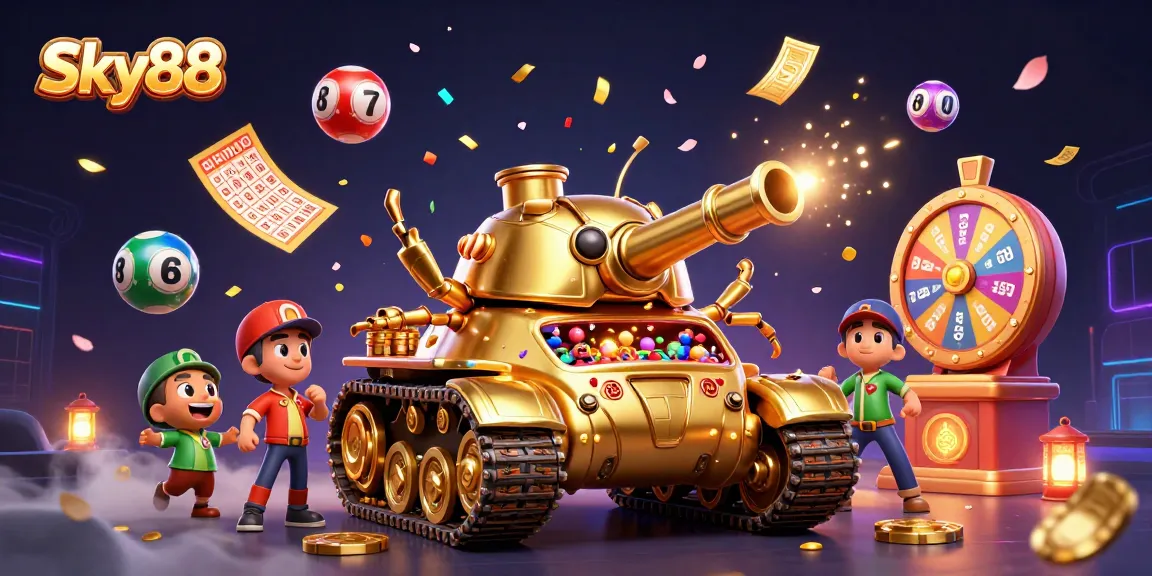 Engage with Sky88's vibrant casino scene showcasing dynamic lottery elements and golden tanks.