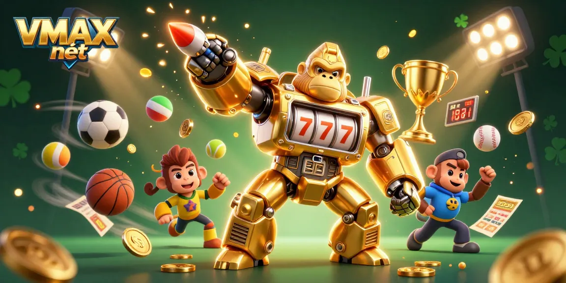 Bet big with VMAX nét as a golden gorilla mech symbolizes casino and sports betting action.