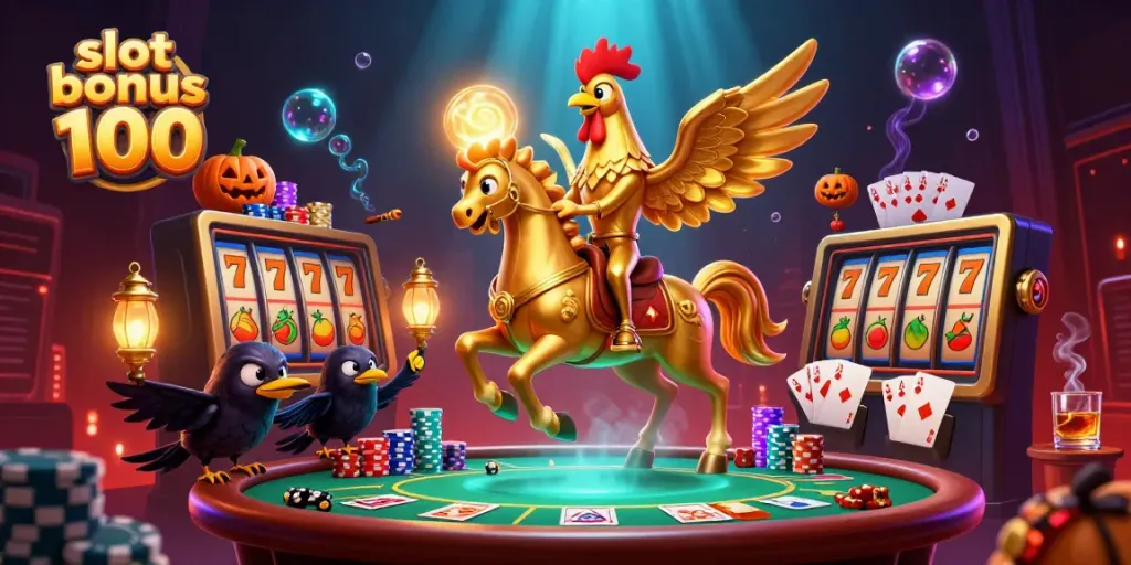 Celebrate winning with slot bonus 100 in this dynamic casino scene featuring exciting 3D characters and games.