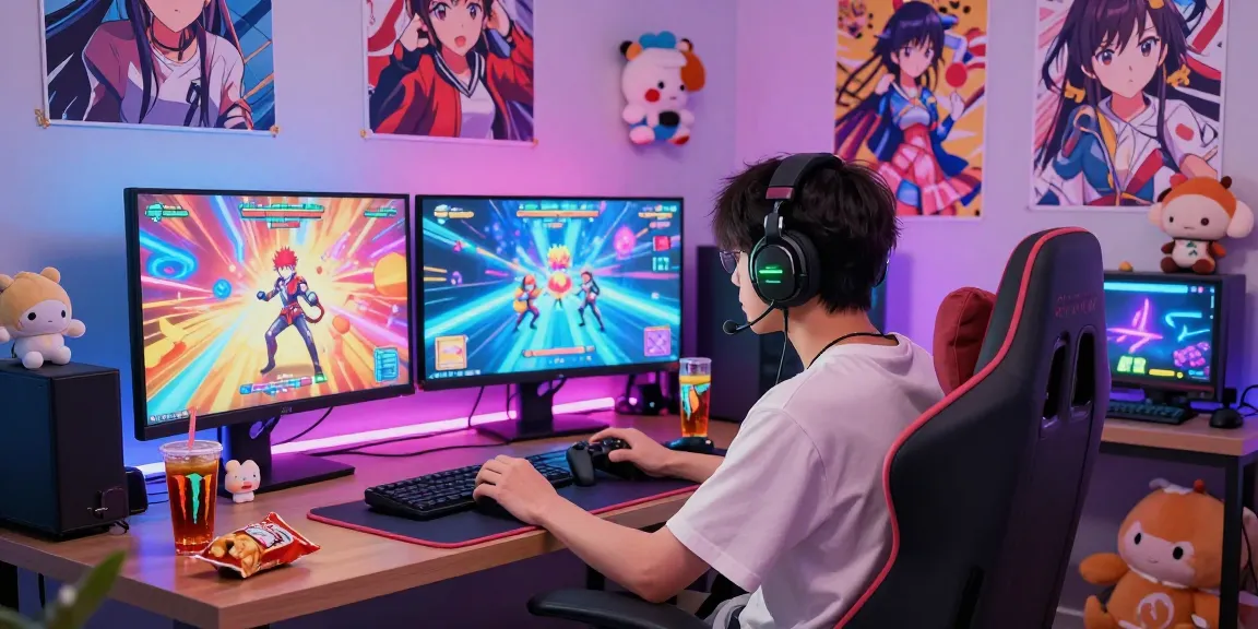Engaging scene of a player enjoying online ecchi games in a vibrant gaming setup with LED lights and multiple screens.