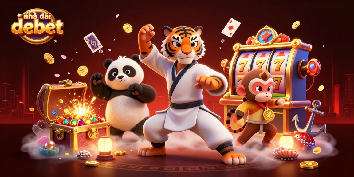 Engaging scene of Nhà cái Debet showing a tiger master amid slot elements, colorful gems, and playful characters.