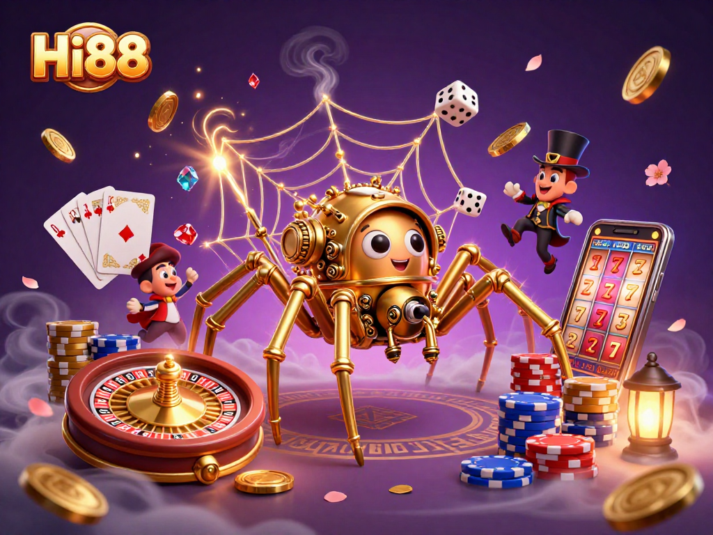 Experience thrilling gambling with Hi88's dynamic casino illustration featuring a whimsical spider and treasures.