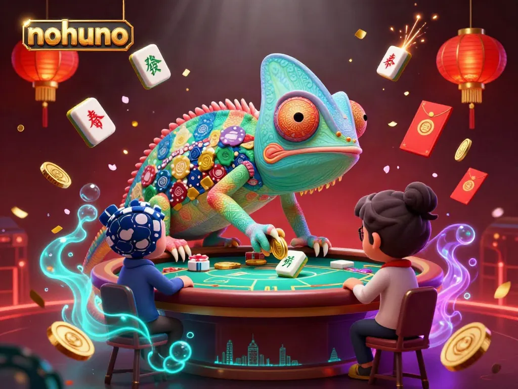 Capture the vibrant world of nohuno, where a chameleon casino owner engages with golden coins, surrounded by exciting game elements.