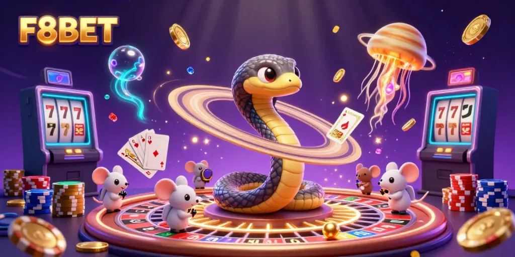 Experience the thrilling universe of F8BET with a vibrant scene featuring gaming elements and cosmic characters.