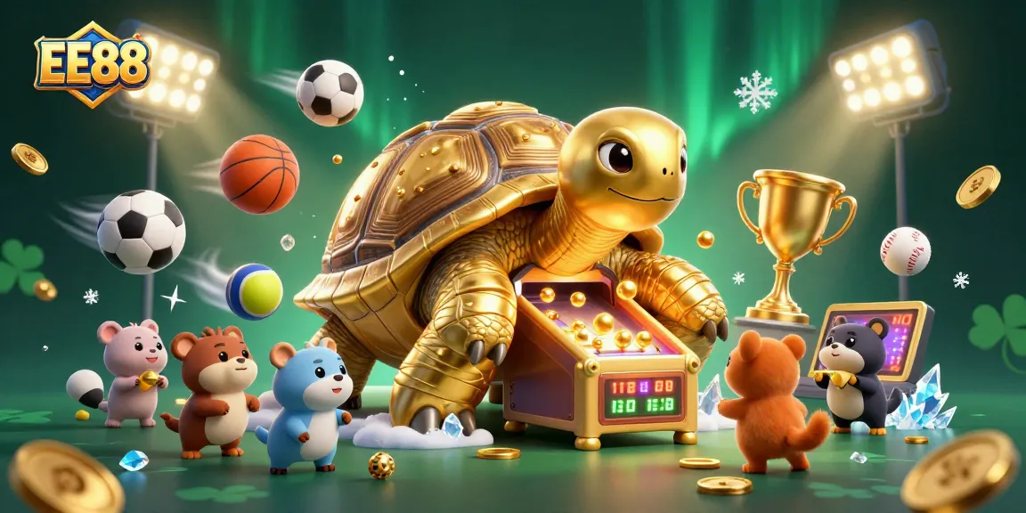 EE88 elevates your gaming experience with a dynamic 3D casino scene featuring exciting sports betting elements and golden rewards.