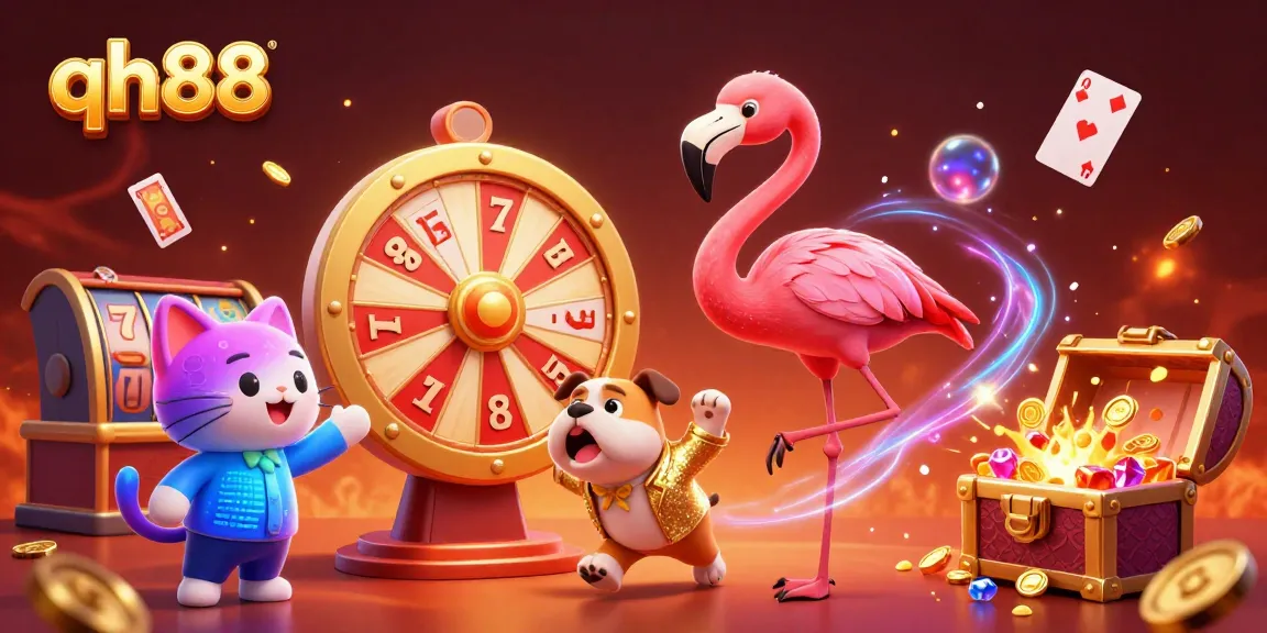 Experience the excitement of qh88 with a vibrant scene of a game show host and a bulldog contestant amidst sparkling casino elements.