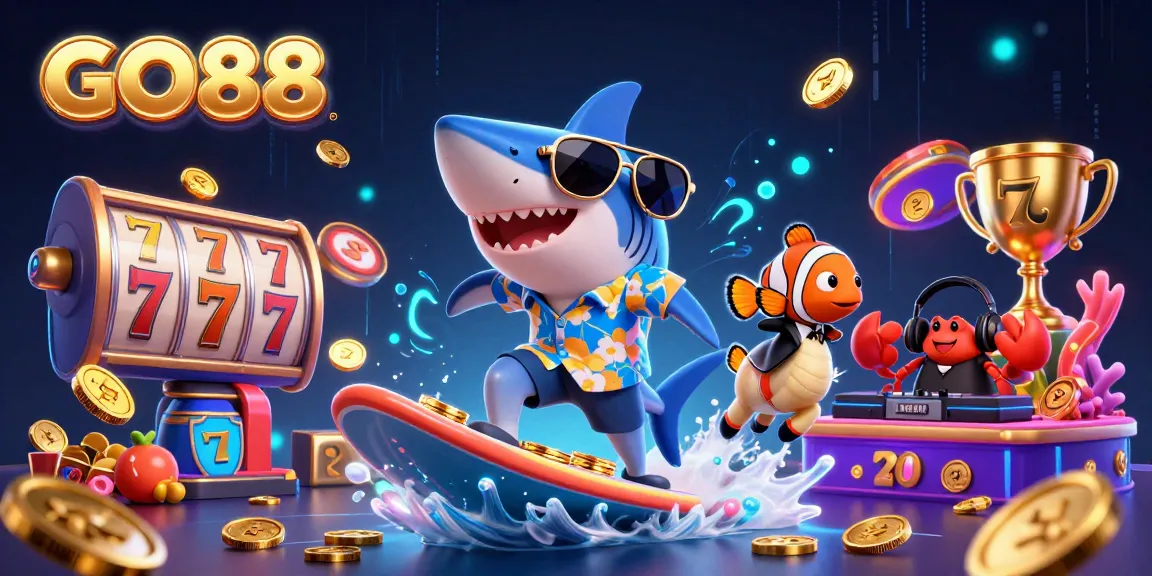 Experience the excitement of GO88 through a lively casino-themed scene with vibrant characters and gold coins.