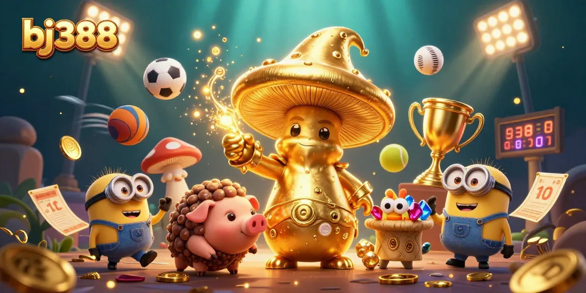 Experience thrilling action at bj388 with a golden wizard, treasure pig, and dynamic sports elements in a vibrant casino scene.
