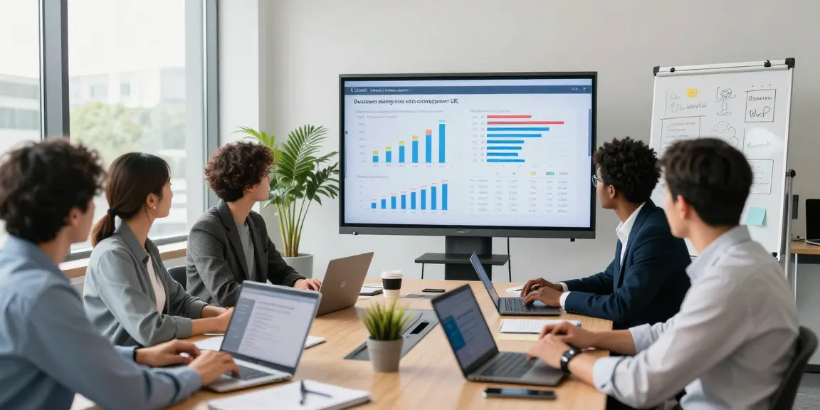 Team discussing business mobile comparison UK in a modern office setting, with data displays and collaboration tools visible.