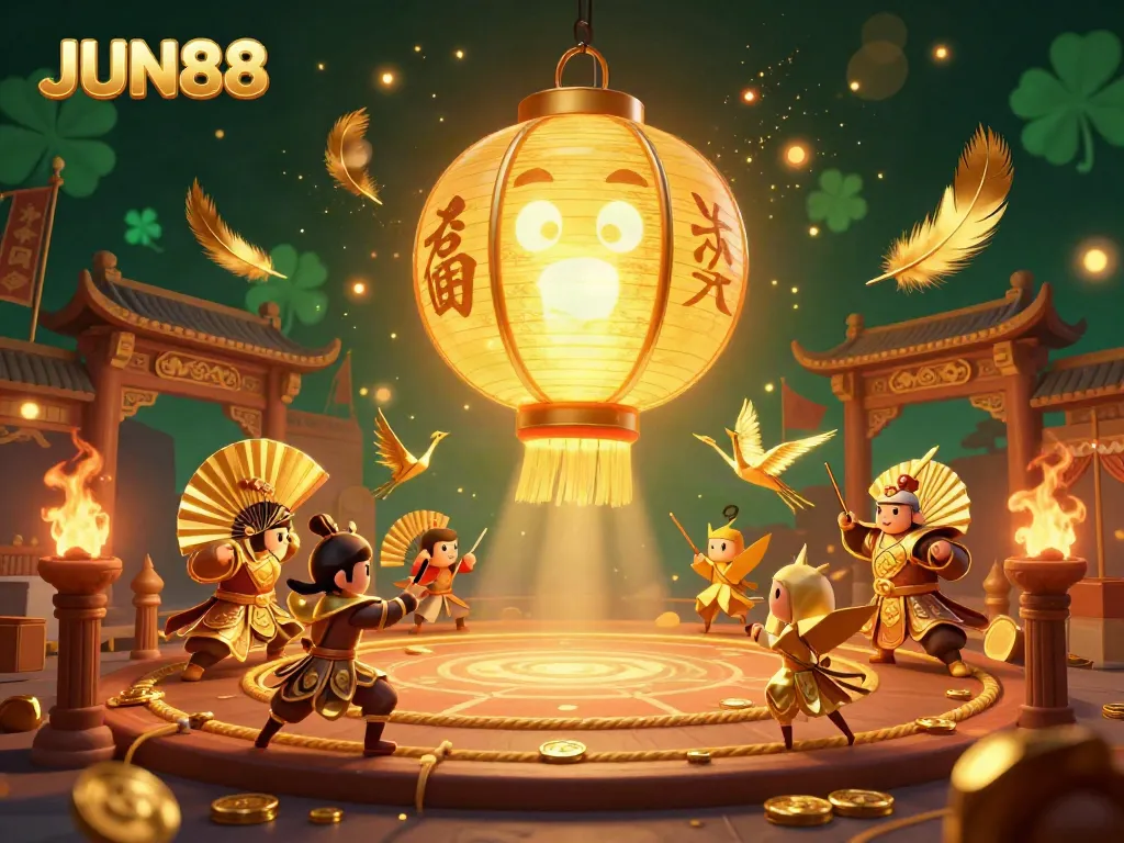 Experience thrilling gameplay at JUN88 in a vibrant, dynamic 3D scene filled with lucky symbols and golden glamour.